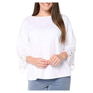 WynneCollection Women's Cotton-Blend Eyelet Bell Sleeve Top Cloud - Regular